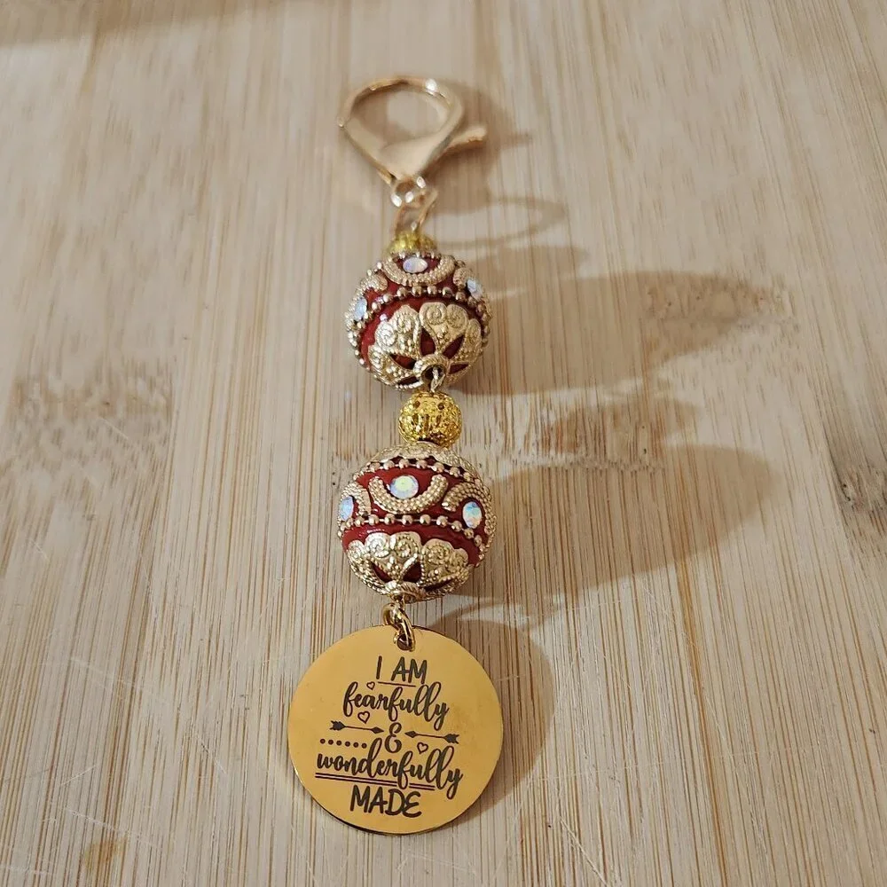 Hand Crafted Purse Bag Charm Beaded with Pendant Red Gold 5 Inches